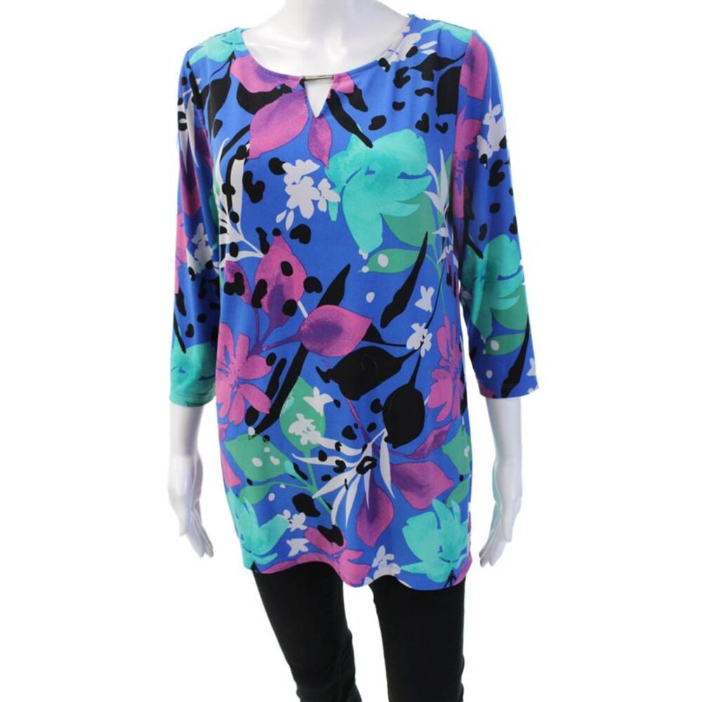 Iman Women Black Floral Tunic Blouse 3/4 Sleeve Round Neck Size M